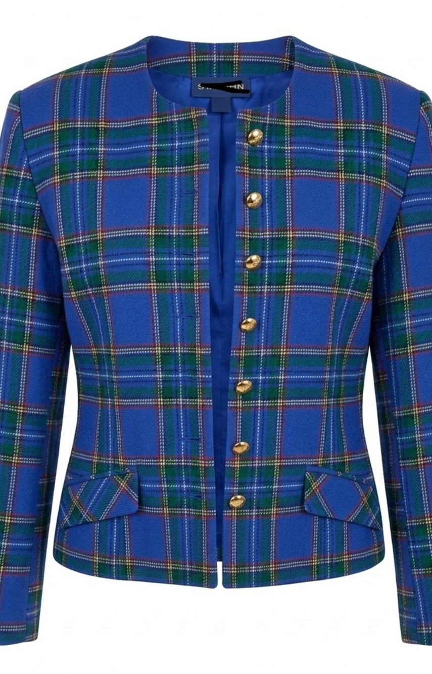 100% Wool Vintage Tartan Plaid Cropped Jacket, Blue, Size M